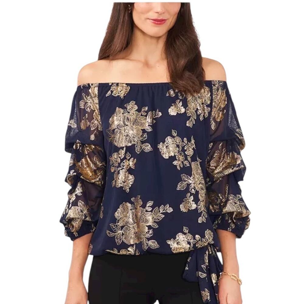 MSK Off Shoulder Top Size S Navy Blue Silver Floral Foil Party Going Out NWT